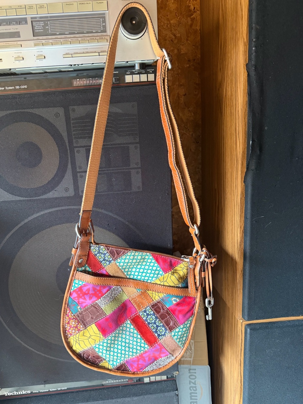 Fossil Multicolor Patchwork Crossbody with Tan Leather Trim